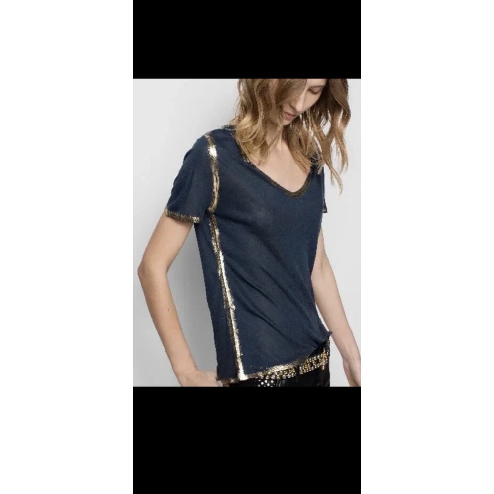 Zadig & Voltaire Black V-Neck Short Sleeve Modal T-Shirt Metallic Trim XS